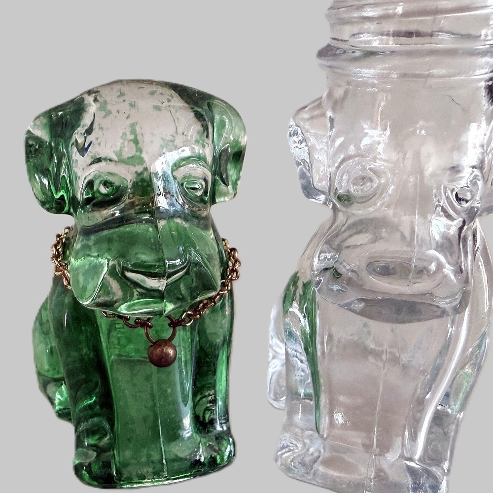 Vintage 1950s Federal Glass Mopey Dog Candy Container Pair - Green with Chain